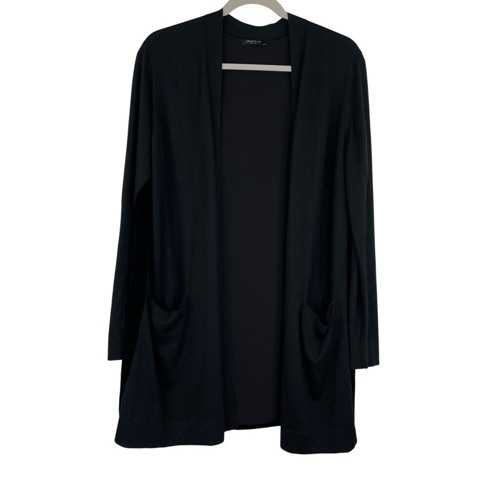 Lafayette 148 Black Long Open Cardigan 100% Silk Velvet back